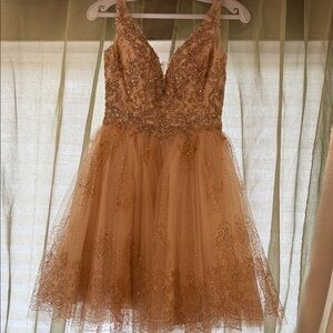 Dancing Queen Gold Beaded Tulle Prom Dress